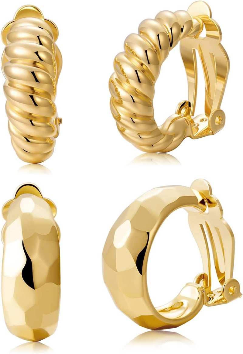 AllenCOCO Clip on Earrings Women, 14K Gold Hoop Clip-On Earrings for Women, Hypoallergenic Non Pierced Croissant Earrings - Image 1
